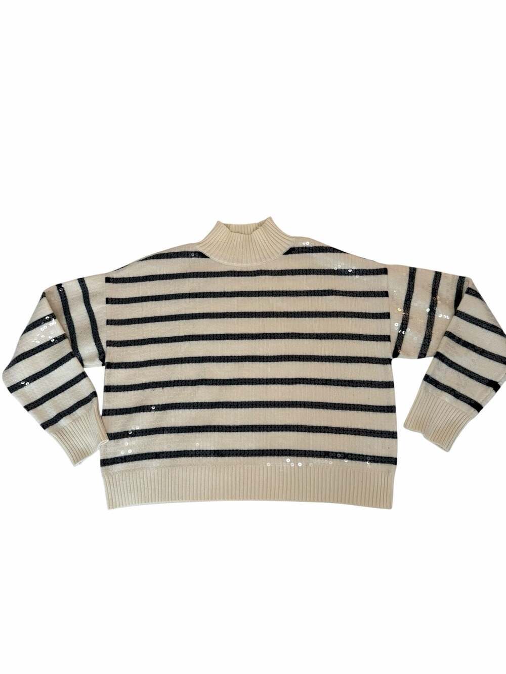 Sequin Striped Mock Neck Sweater Quiet Luxury Glam Style